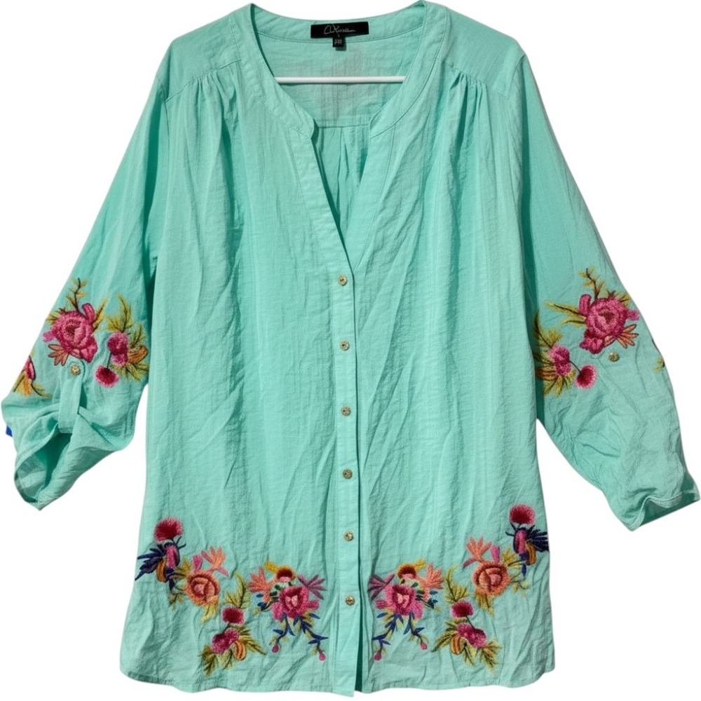 Caleaas Womens 2X Aqua Turquoise Floral Embroidered‎ Boho Button Front Tunic Top